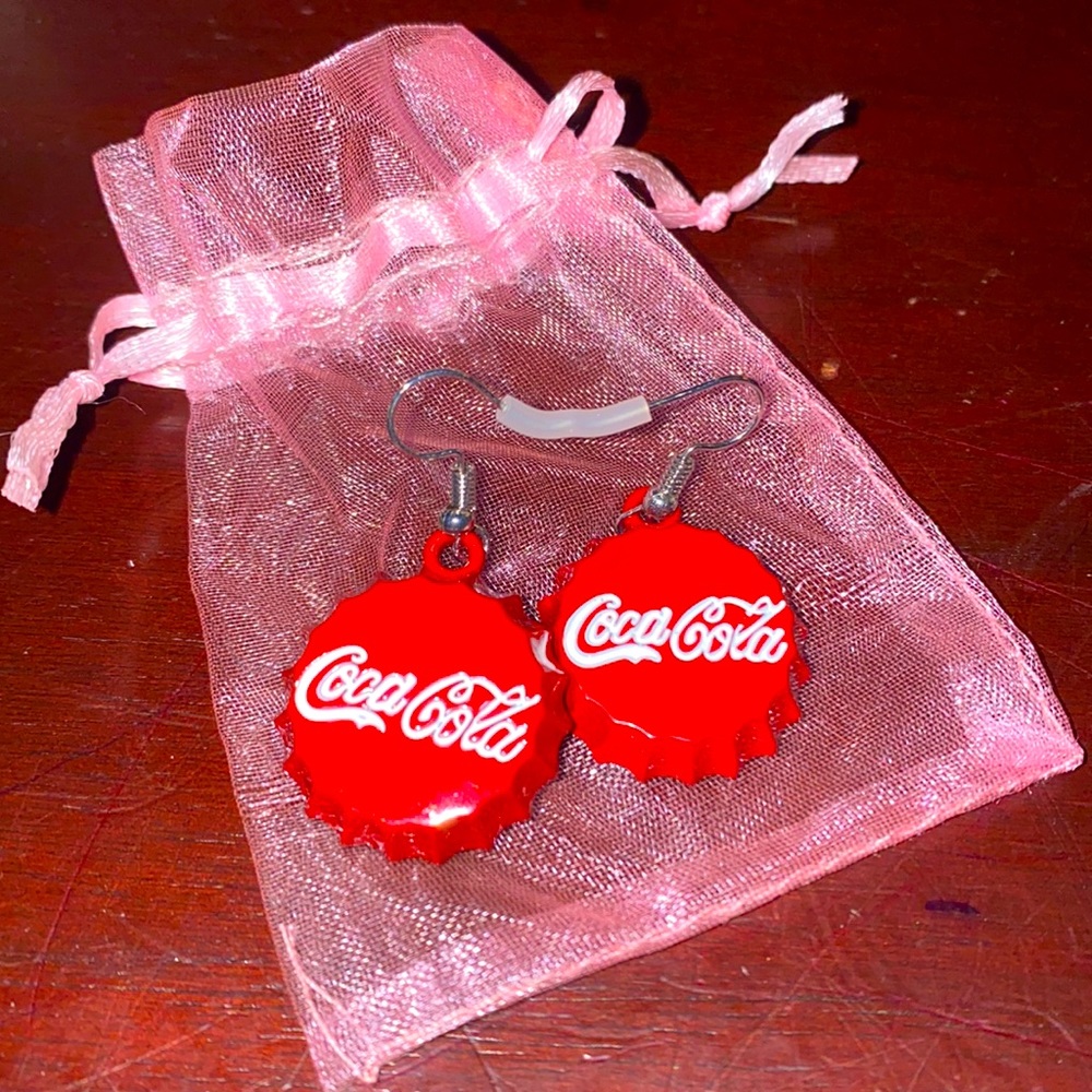 Coca Cola Bottle Cap Earrings in a Drawstring Gift bag Nickel Free